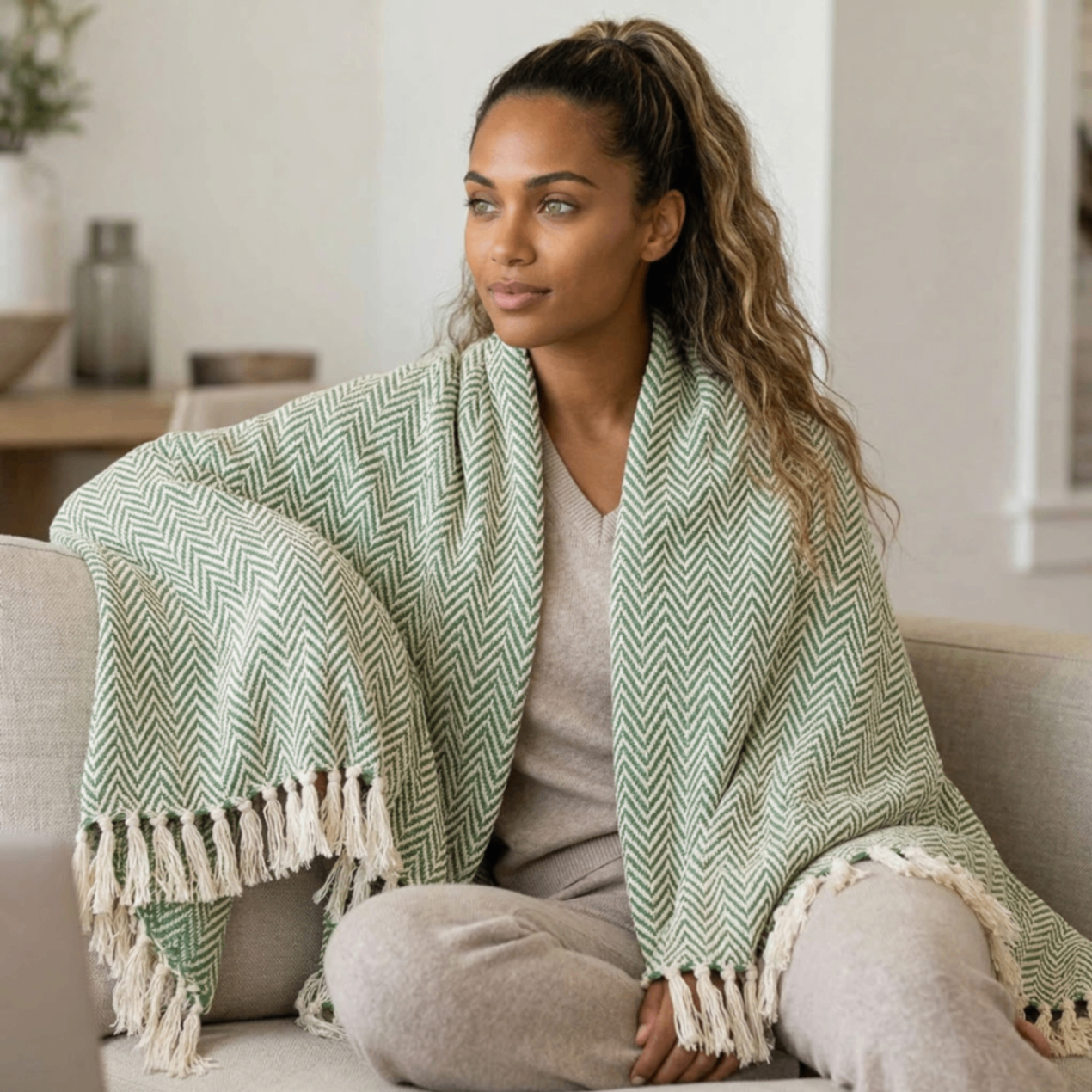 Throw Blanket - Green Herringbone
