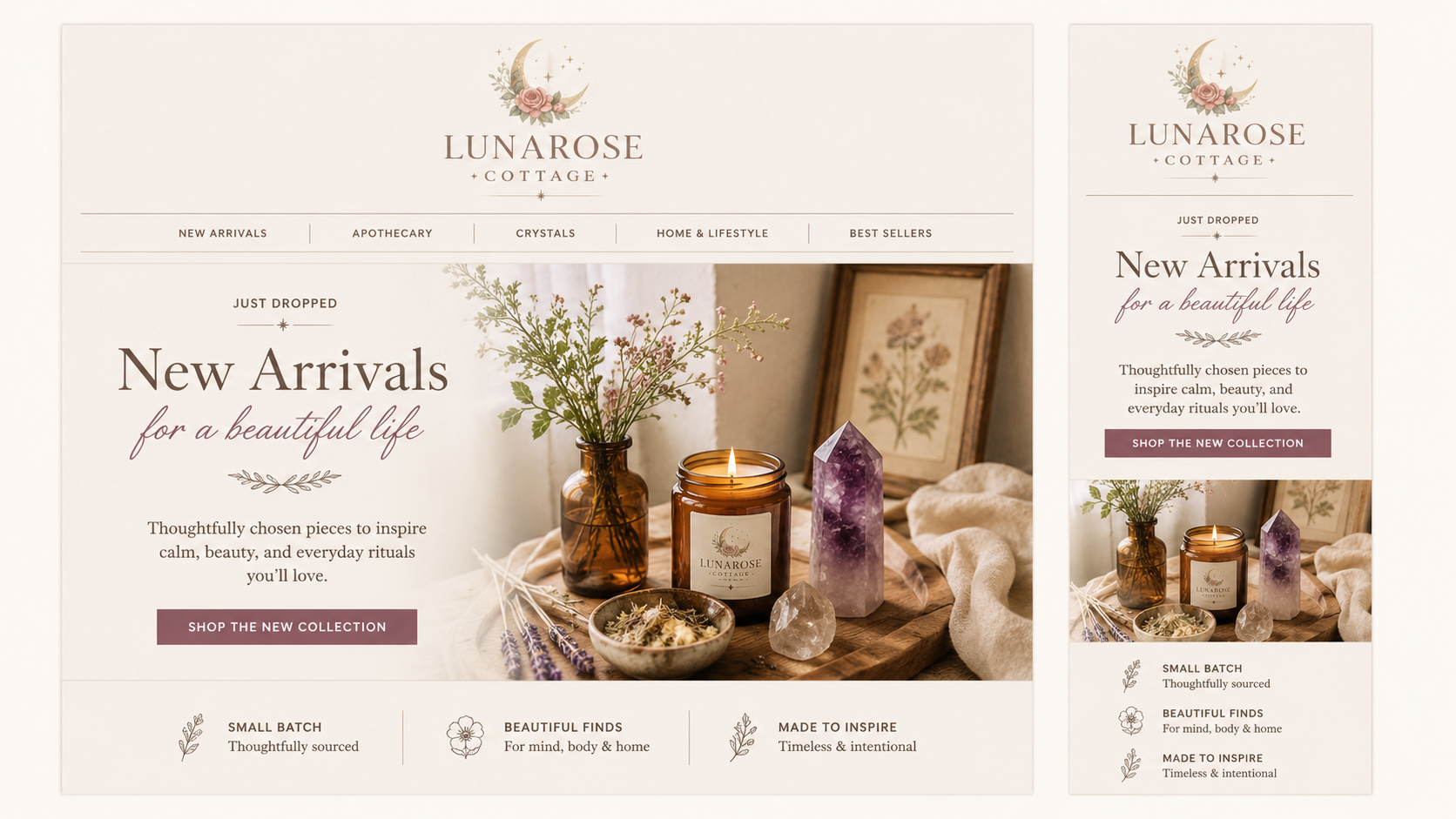 LunaRose Cottage New Arrivals email campaign shown in desktop and mobile layouts