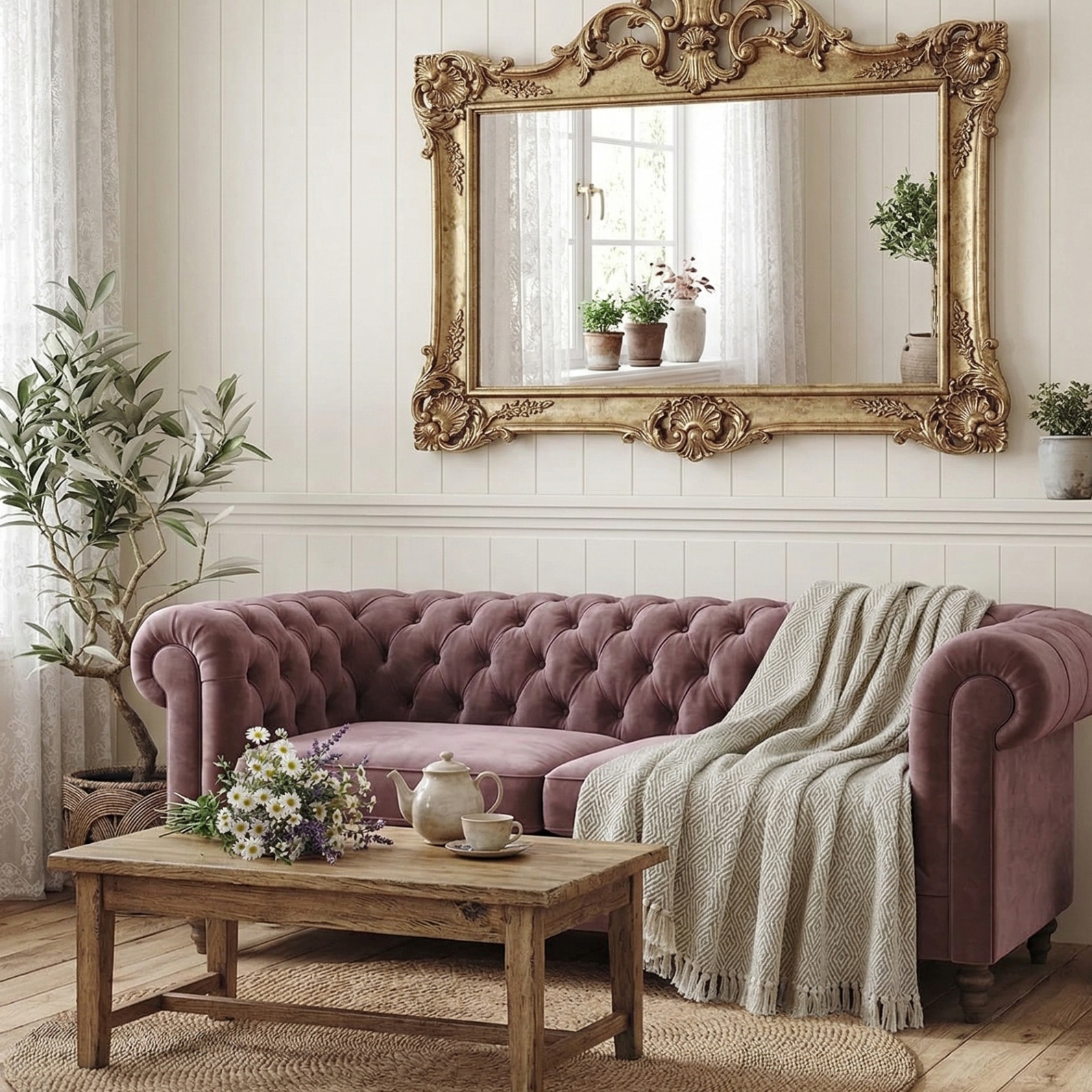 Ornate Mirror - Cottage Living Room